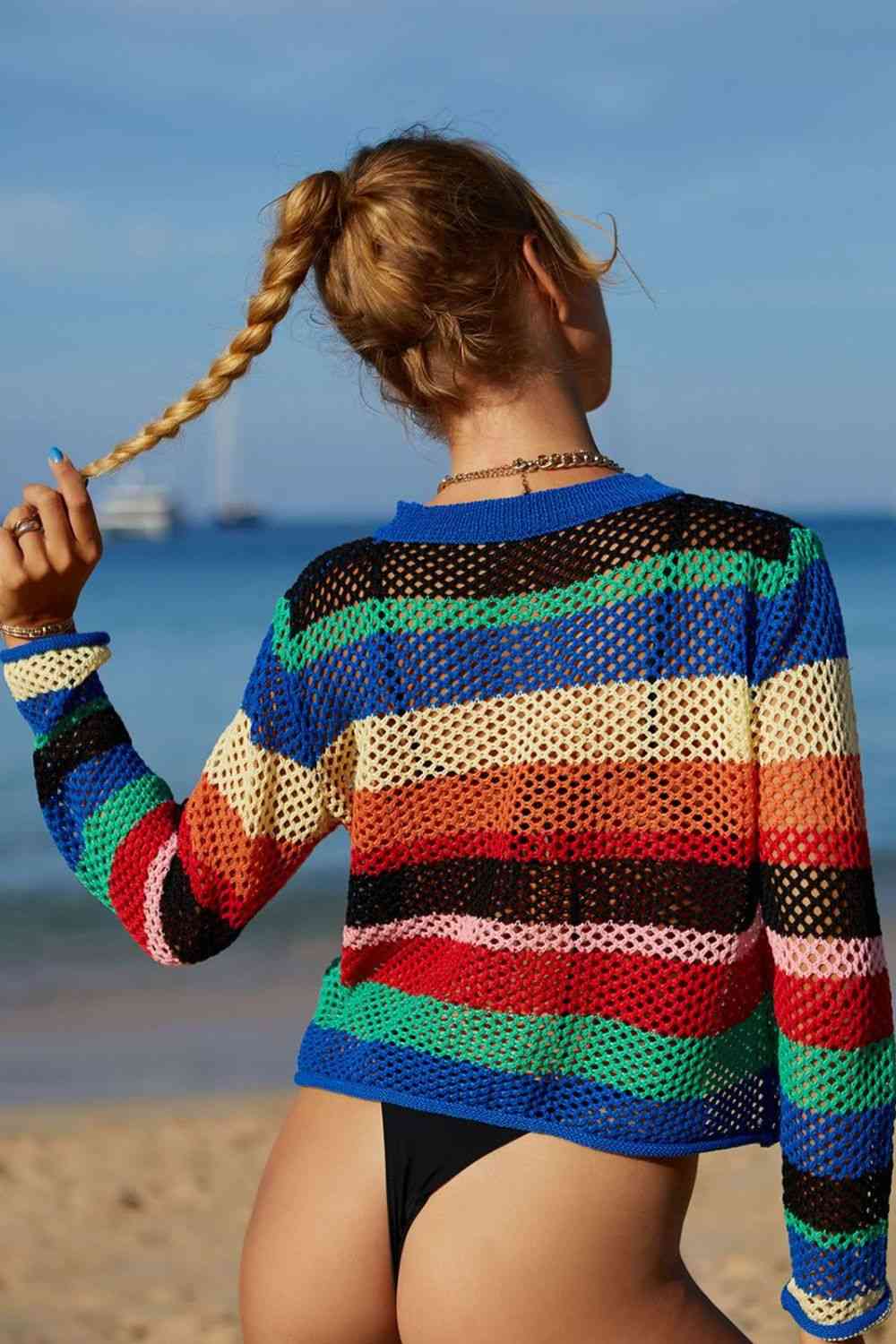 Playful Rainbow Stripe Openwork Long Sleeve Swim Cover-Up