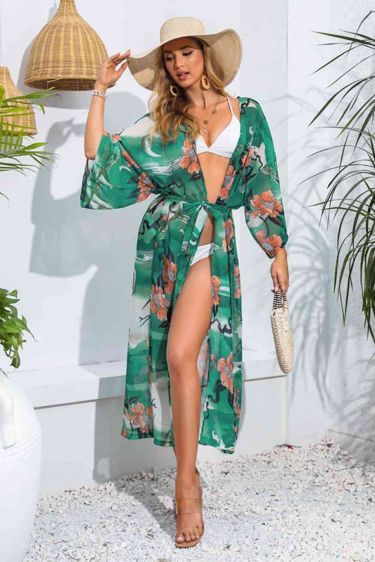 Floral Tie Waist Duster Swim Cover Up